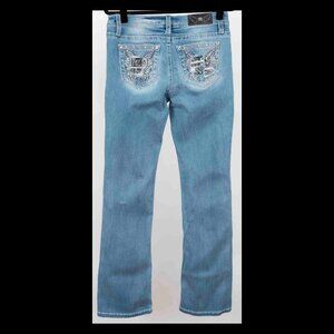 Miss Me Womens Distressed Blue Signature Logo Pocket Bootcut Jeans Sz 30 EUC